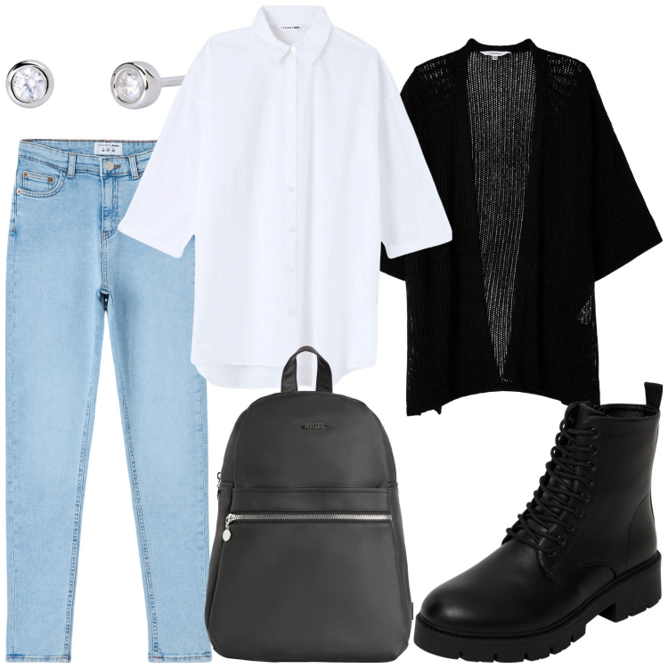 Outfit donna - Total look #1955321. Stile Casual chic per Scuola/Università. Abbinamento con kimono, camicie, jeans skinny, anfibi, orecchini, zaini.