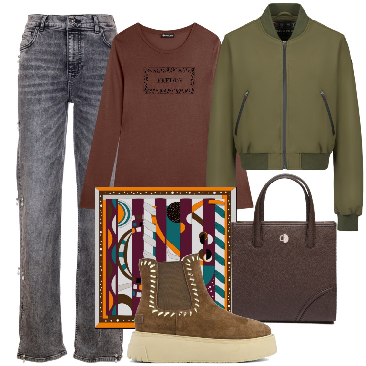 Outfit donna - Ritorno a scuola. Stile Casual chic per Scuola/Università. Abbinamento con jeans dritti, t-shirt, bomber, stivaletti, shopping bag, foulard.