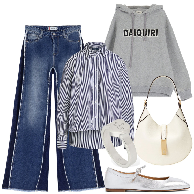 Outfit donna - La felpa. Stile Casual chic per Scuola/Università. Abbinamento con jeans, camicie, borse a spalla, felpe con cappuccio, ballerine, anelli.