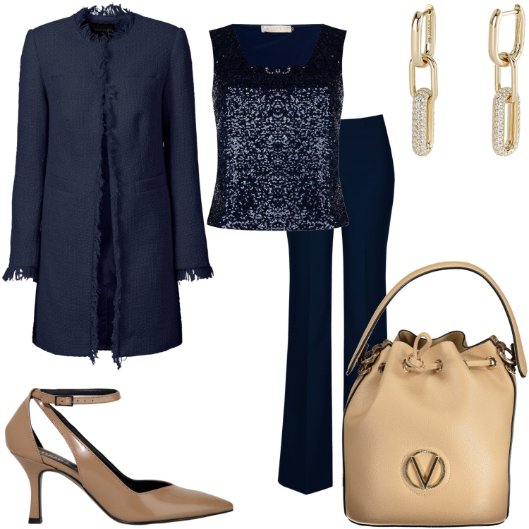 Outfit donna - Invitata ad una cerimonia. Stile Chic per Cerimonia. Abbinamento con blazer, orecchini, top, pantaloni a palazzo, décolleté, borse a spalla.