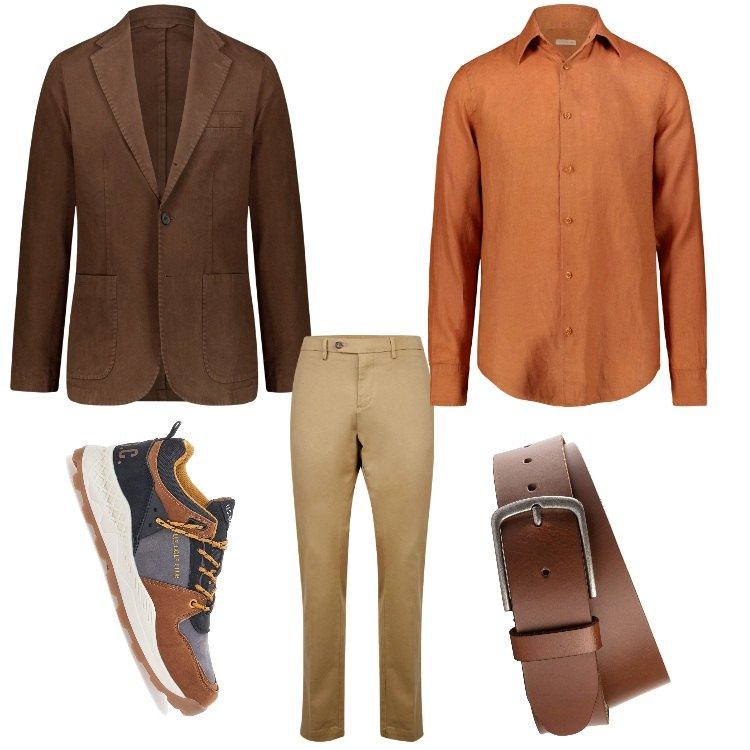 Outfit uomo - Una sera con i colori autunnali. Stile Business/Elegante per Serata speciale. Abbinamento con cinture, pantaloni chino, camicie, giacche, sneakers.