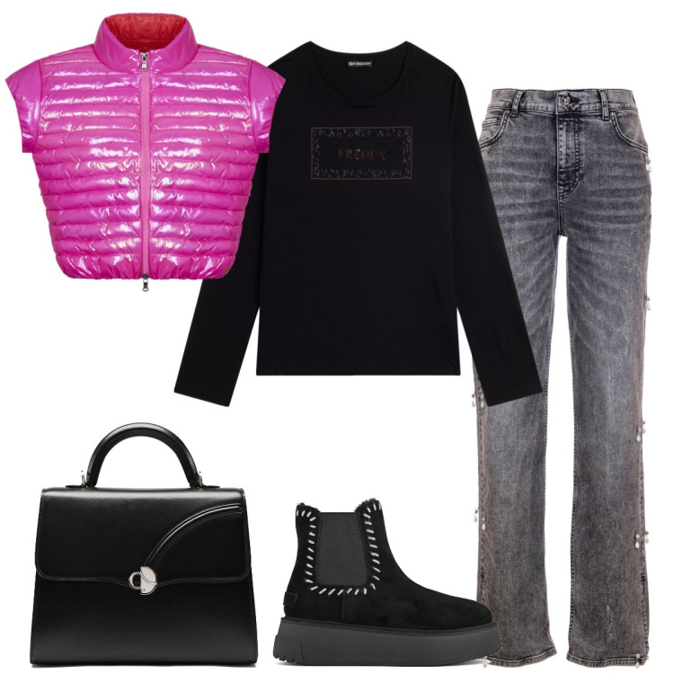 Outfit donna - Total look #1955368. Stile Casual per Scuola/Università. Abbinamento con jeans dritti, t-shirt, blazer, stivaletti, borse a mano.