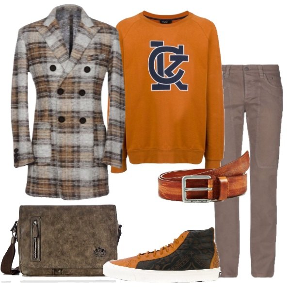 Outfit uomo - Cappotto scozzese felpa caramello. Stile Trendy per Tutti i giorni.