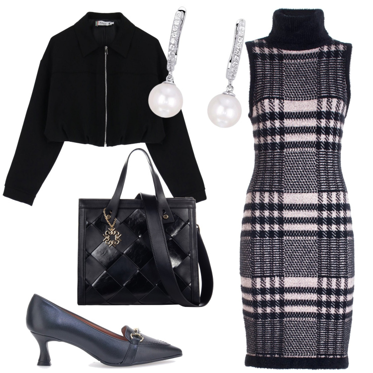 Outfit donna - Chic bon ton e glamour in ufficio. Stile Glamour per Ufficio. Abbinamento con orecchini, borse a mano, blazer, vestiti senza maniche, décolleté.