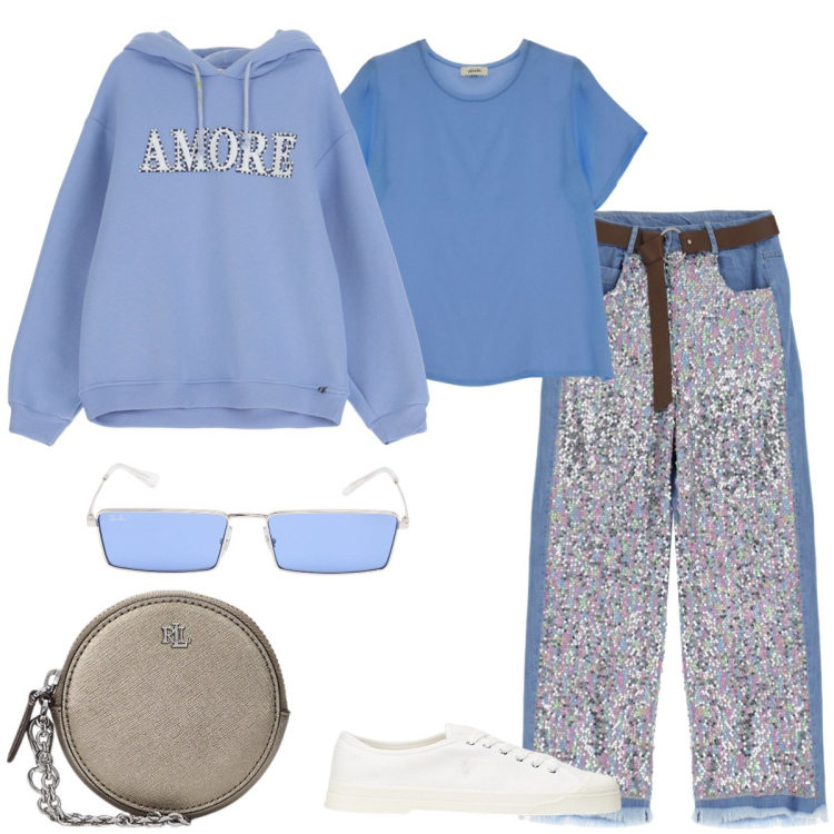 Outfit donna - Total look #1955374. Stile Casual chic per Tutti i giorni. Abbinamento con jeans dritti, felpe con cappuccio, bluse, sneakers, pochette, occhiali da sole.
