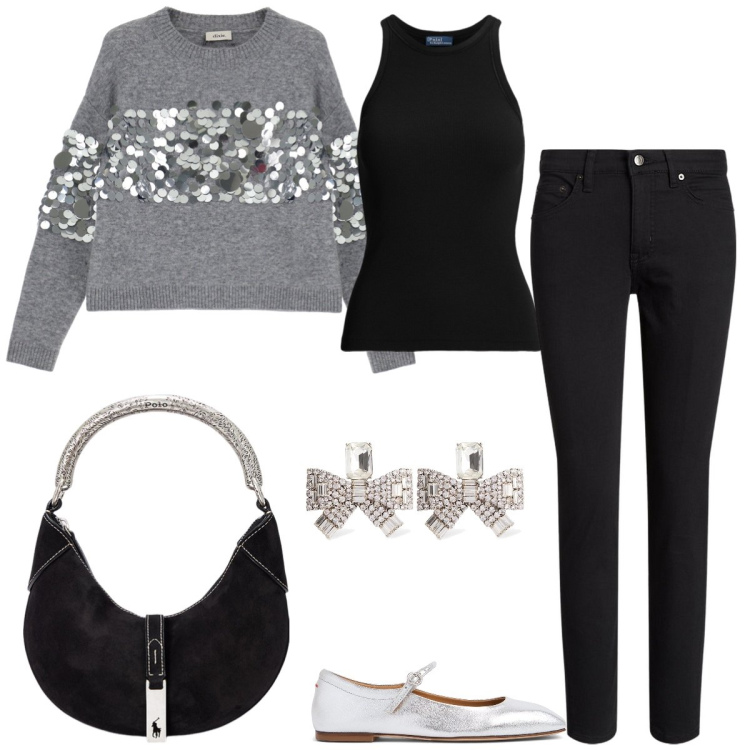 Outfit donna - Total look #1955383. Stile Casual chic per Tutti i giorni. Abbinamento con canottiere, borse a spalla, jeans, pullovers, ballerine, orecchini.
