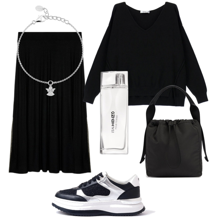 Outfit donna - Total black. Stile Basic per Tutti i giorni. Abbinamento con profumi, braccialetti con ciondoli, maglieria, sneakers, gonne lunghe, borse a mano.