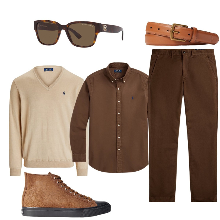 Outfit uomo - Marrone tinta autunnale per eccellenza. Stile Trendy per Tutti i giorni. Abbinamento con sneakers, occhiali da sole, cinture, pantaloni, camicie, maglieria.