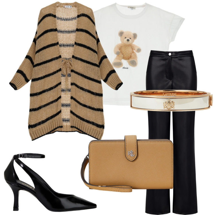 Outfit donna - Casual glamour. Stile Glamour per Serata fuori. Abbinamento con cardigans, pantaloni, t-shirt, décolleté, braccialetti, pochette.