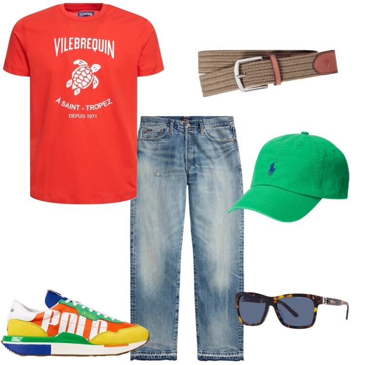 Outfit uomo - Jeans effetto used e tanto colore. Stile Casual per Tutti i giorni. Abbinamento con cappelli, cinture, occhiali da sole, jeans dritti, sneakers, t-shirt.