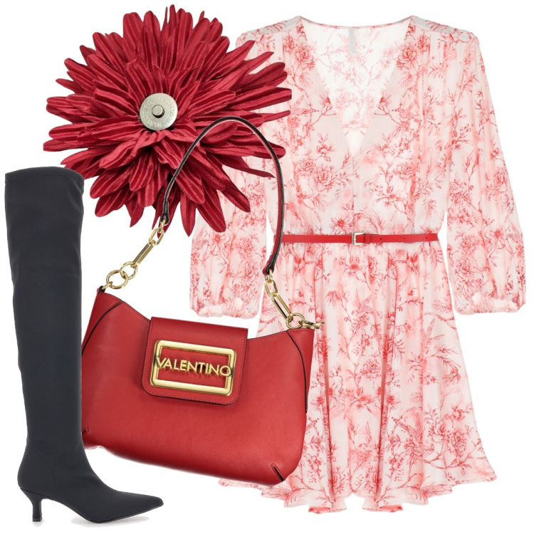 Outfit donna - Floreale. Stile Romantica per Serata fuori. Abbinamento con vestiti corti, stivali, anelli, borse a spalla.