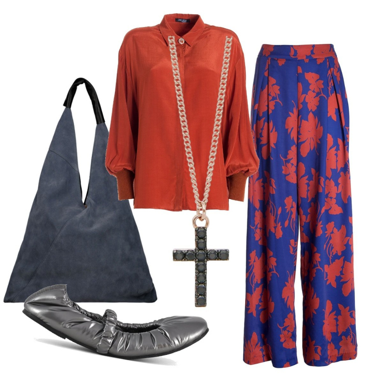 Outfit donna - Foglie di autunno. Stile Chic per Serata fuori. Abbinamento con collane, pantaloni a palazzo, camicie, ballerine, borse a spalla.