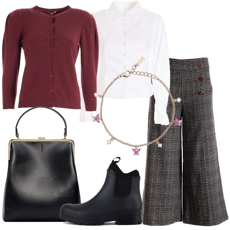 Outfit donna - I pantaloni palazzo per l\'ufficio. Stile Casual chic per Ufficio. Abbinamento con braccialetti, pantaloni culotte, cardigans, camicie, stivali, borse a spalla.