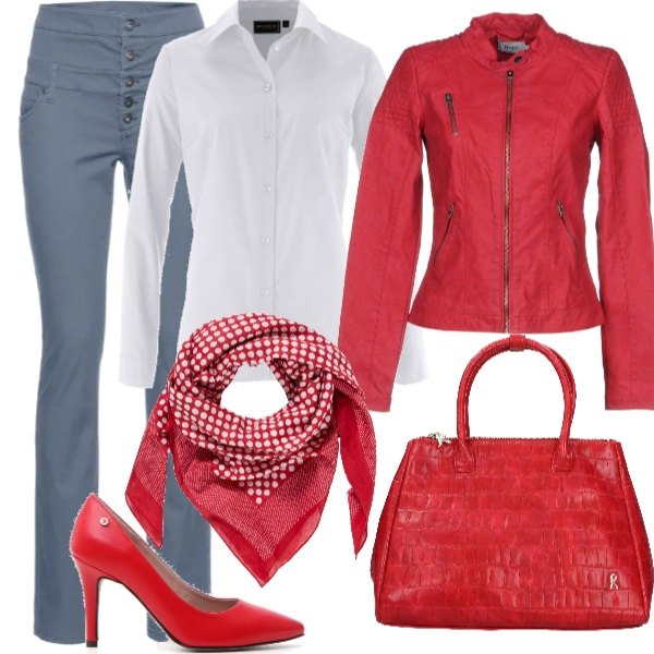 Outfit donna - Le rouge. Stile Bon Ton Abbinamento con camicie, pantaloni skinny, sciarpina a pois rosso, giubbotto collo coreana a maniche lunghe con zip interno foderato in pelle sintetica tinta unita, borsa a mano con bottoni rosso, décolleté.