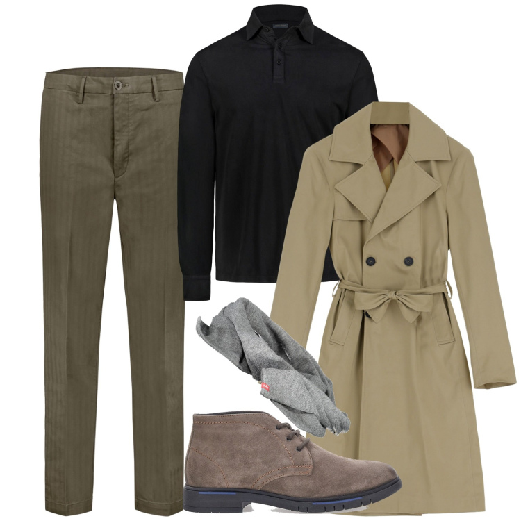 Outfit uomo - City trench. Stile Urban per Tutti i giorni. Abbinamento con cappotti, pantaloni, scarpe stringate, polo, sciarpe.