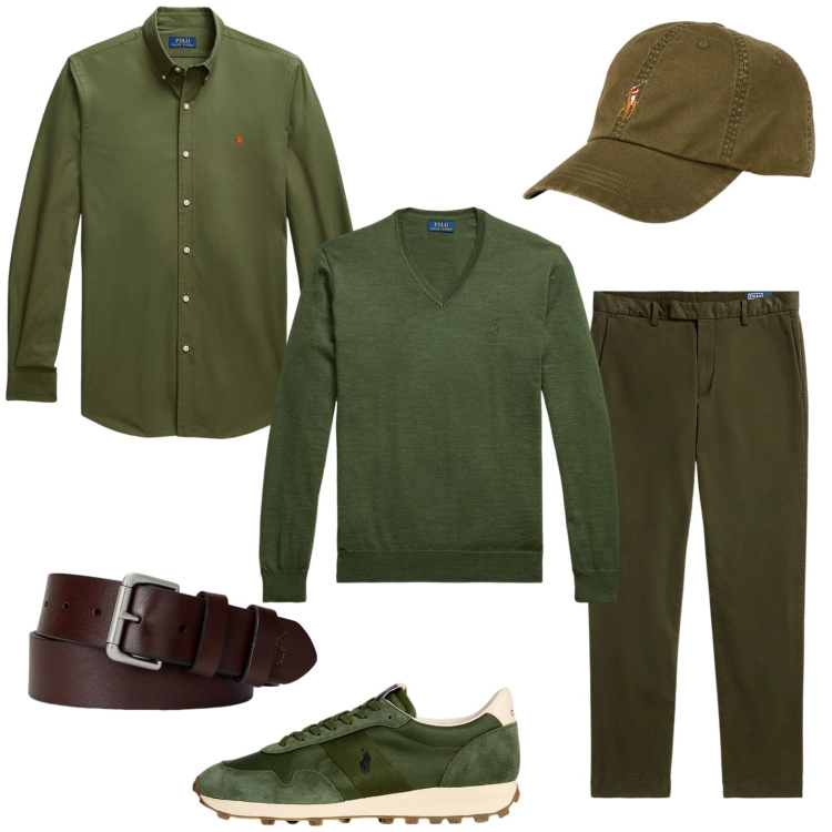 Outfit uomo - Full of green. Stile Urban per Tutti i giorni. Abbinamento con cinture, cappelli, camicie, sneakers, pantaloni, maglieria.