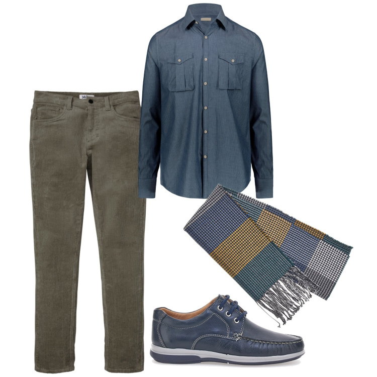 Outfit uomo - Olive and blue. Stile Casual per Tutti i giorni. Abbinamento con pantaloni, camicie, sciarpe, scarpe stringate.