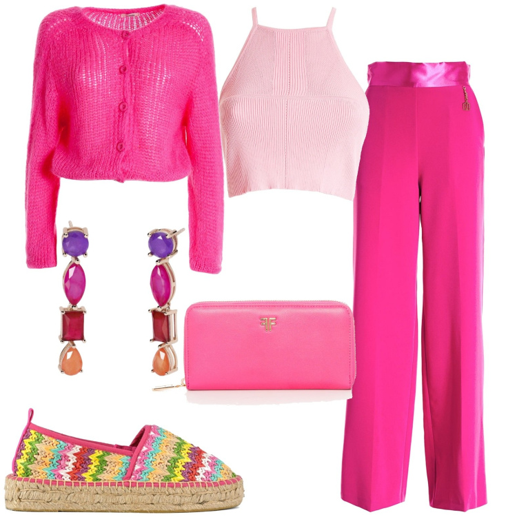 Outfit donna - Total look #1955464. Stile Casual per Tutti i giorni. Abbinamento con orecchini, cardigans, portafogli, top, pantaloni a palazzo, espadrillas.