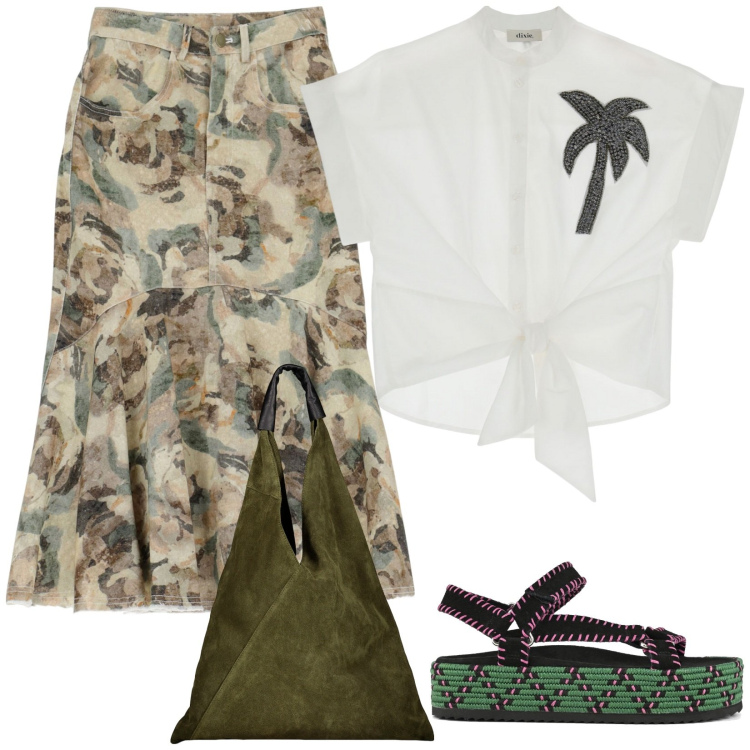 Outfit donna - Leggerezza in città. Stile Boho per Tutti i giorni. Abbinamento con gonne longuette, camicie a manica corta, sandali, borse a spalla.