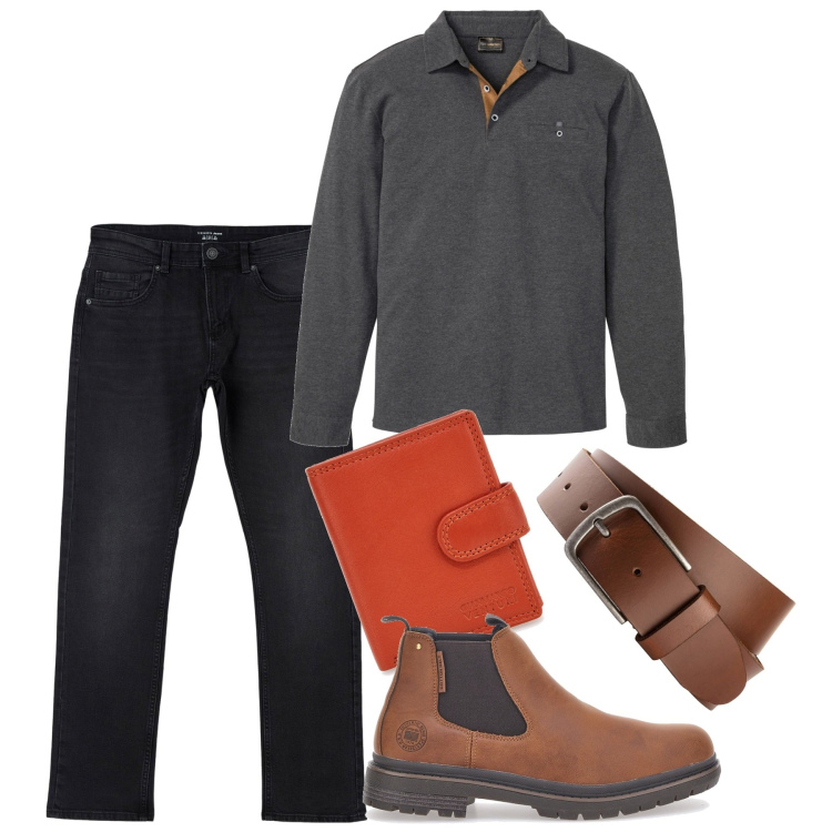 Outfit uomo - Il fresco di settembre. Stile Casual per Tutti i giorni. Abbinamento con polo, cinture, jeans dritti, stivali e stivaletti, portafogli.