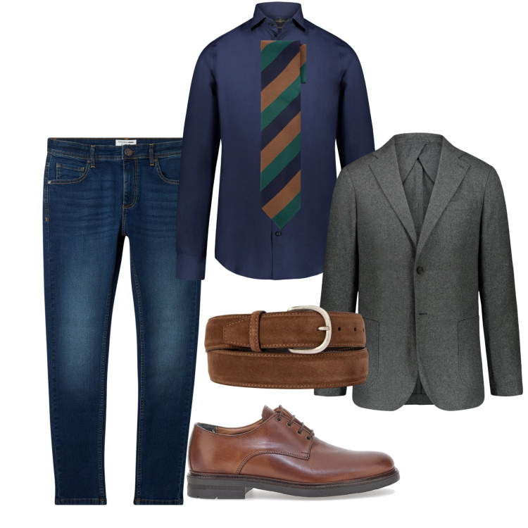 Outfit uomo - Riunione in jeans. Stile Business/Elegante per Ufficio. Abbinamento con jeans skinny, scarpe stringate, camicie, cinture, giacche, cravatte.