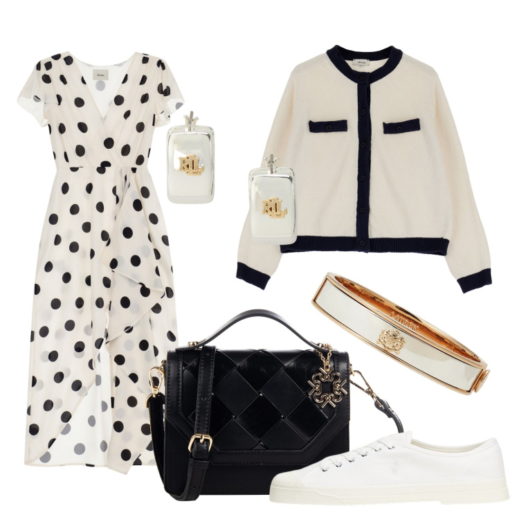 Outfit donna - Pois black. Stile Casual chic per Tutti i giorni. Abbinamento con borse a tracolla, vestiti lunghi, cardigans, braccialetti, sneakers, orecchini.