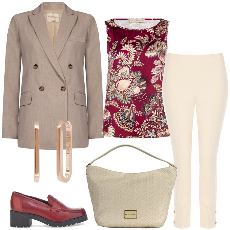 Outfit donna - Ufficio. Stile Chic per Ufficio. Abbinamento con orecchini, top, blazer, pantaloni, mocassini, pochette.