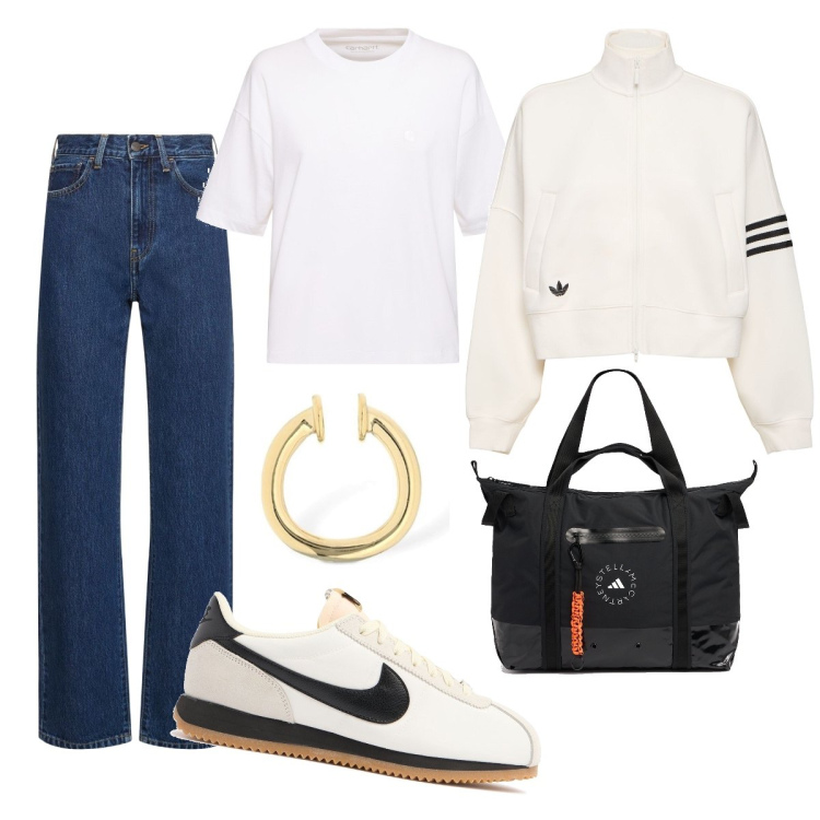 Outfit donna - Sportiva in uni. Stile Casual per Scuola/Università. Abbinamento con felpe, sneakers, shopping bag, jeans dritti, t-shirt, orecchini.