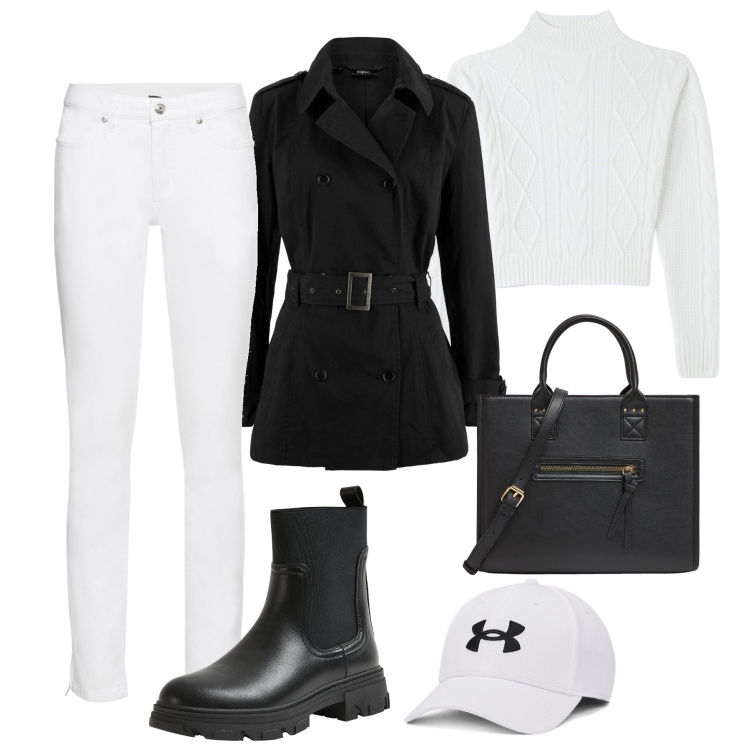 Outfit donna - Trench corto e Chelsea combat. Stile Casual per Tutti i giorni. Abbinamento con trench, jeans skinny, maglieria, shopping bag, stivaletti chelsea, cappelli.