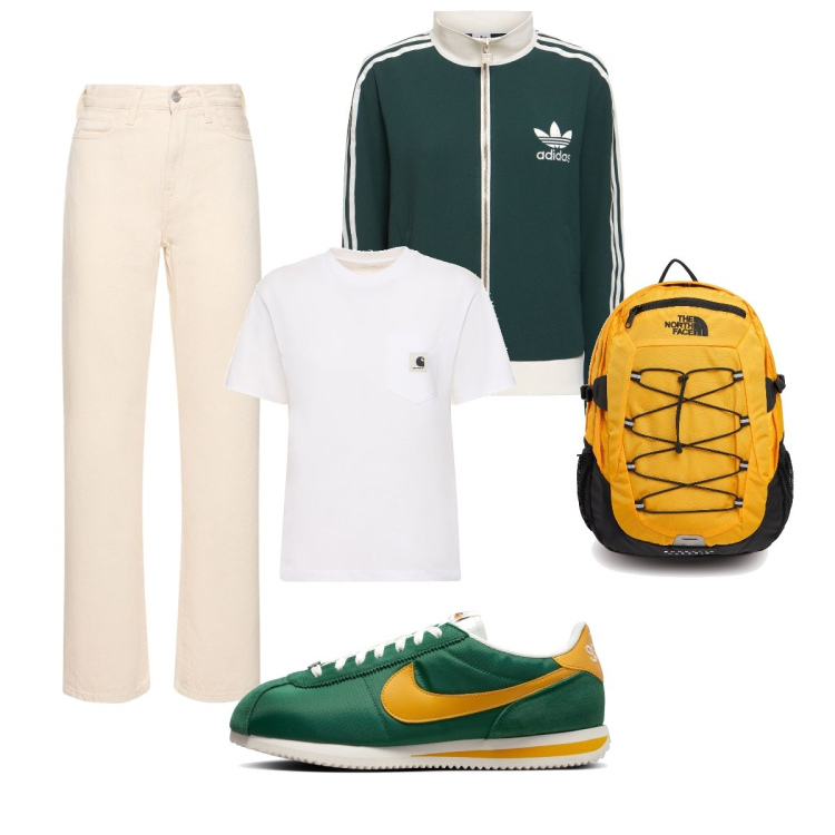Outfit donna - A spasso con il cane. Stile Casual per Sport. Abbinamento con giacche sportive, jeans dritti, t-shirt, sneakers, zaini.