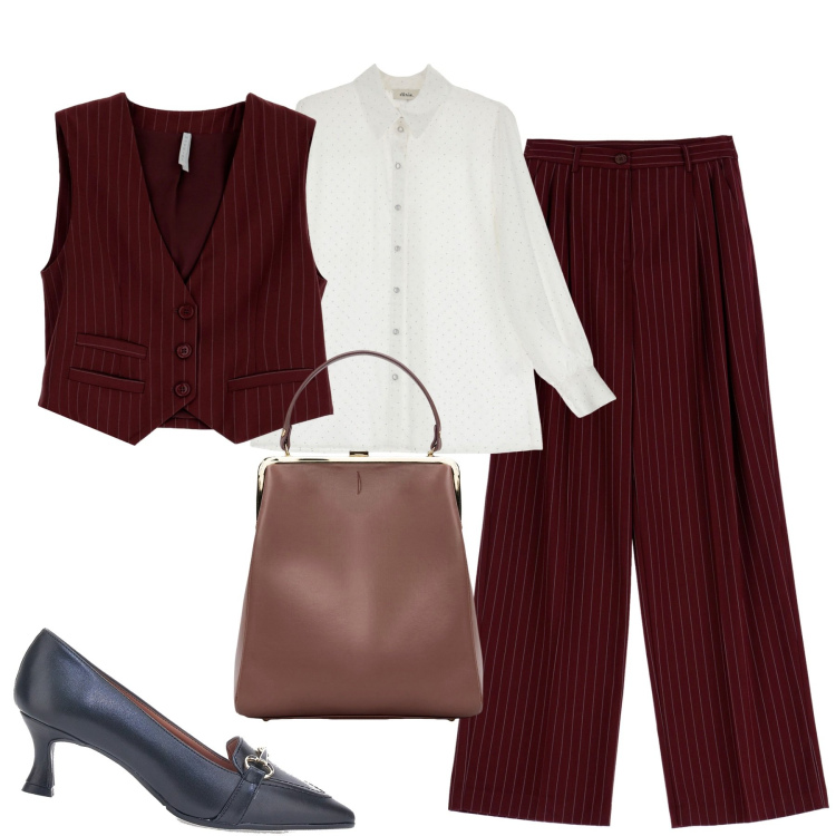 Outfit donna - Imperial. Stile Trendy per Tutti i giorni. Abbinamento con gilet, pantaloni a palazzo, camicie, borse a spalla, décolleté.