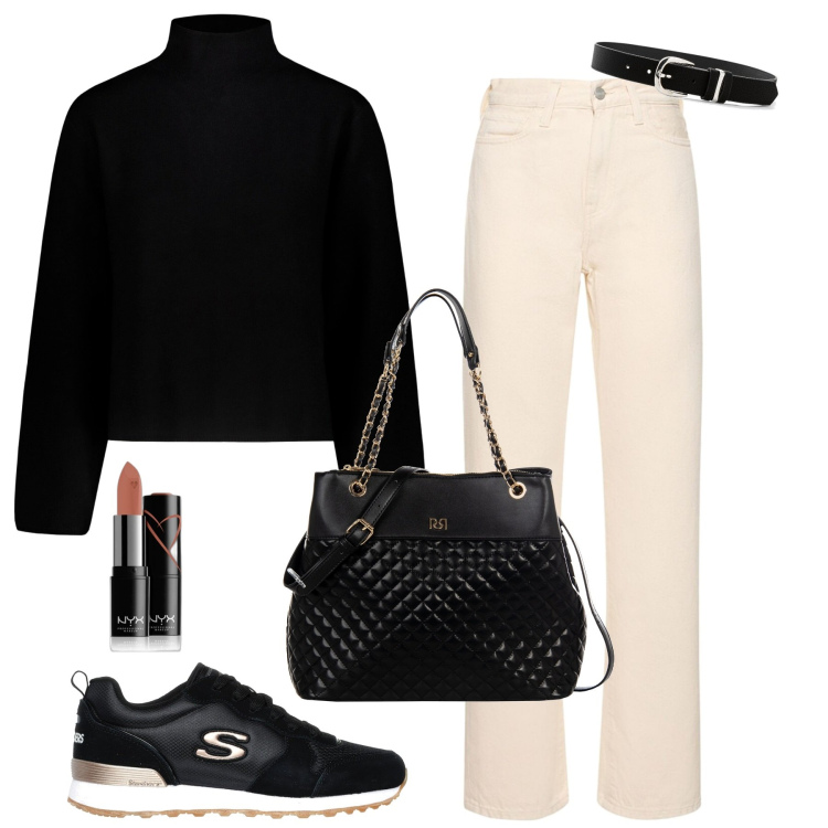 Outfit donna - Un assaggio d\'inverno. Stile Casual chic per Tutti i giorni. Abbinamento con cinture, rossetti, shopping bag, sneakers, maglieria, jeans dritti.