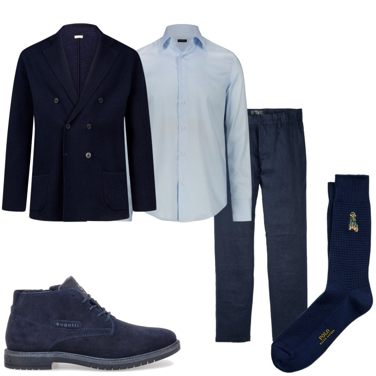 Outfit uomo - Elegante in blu. Stile Business/Elegante per Tutti i giorni. Abbinamento con pantaloni, calzini, cardigans, camicie, scarpe stringate.