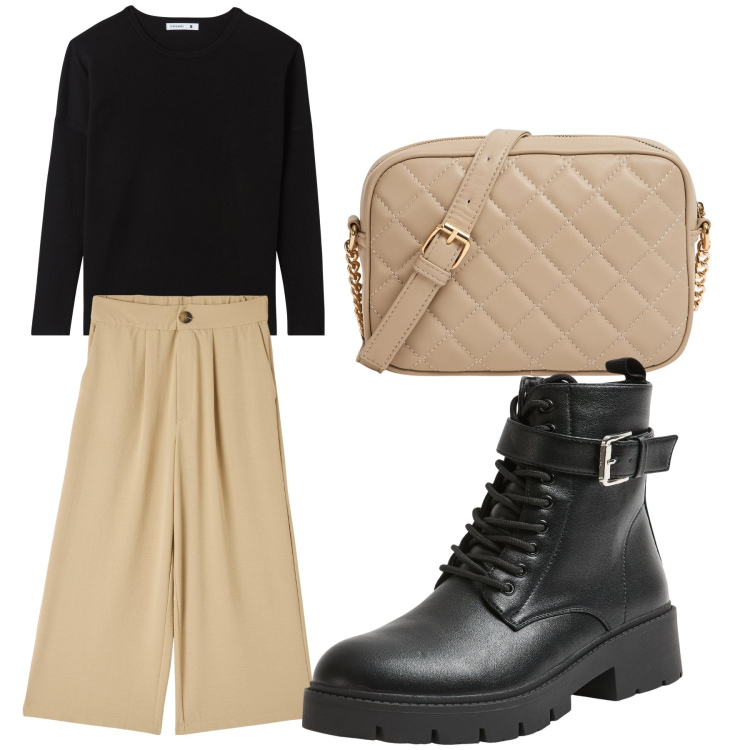 Outfit donna - Aperitivo. Stile Trendy per Tutti i giorni. Abbinamento con pantaloni a palazzo, maglieria, anfibi, borse a tracolla.