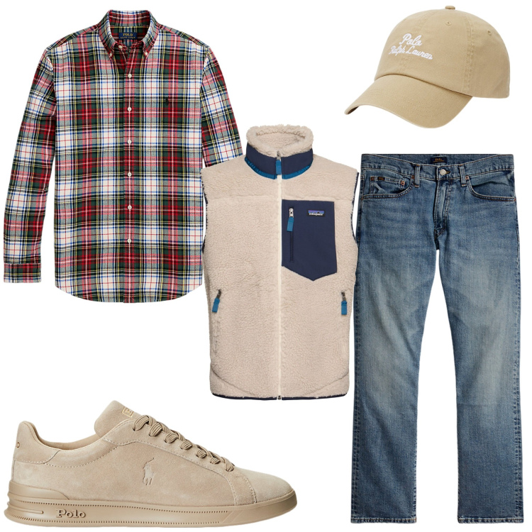Outfit uomo - Passeggiata in montagna. Stile Casual per Sport. Abbinamento con sneakers, jeans dritti, cappelli, camicie, gilet.