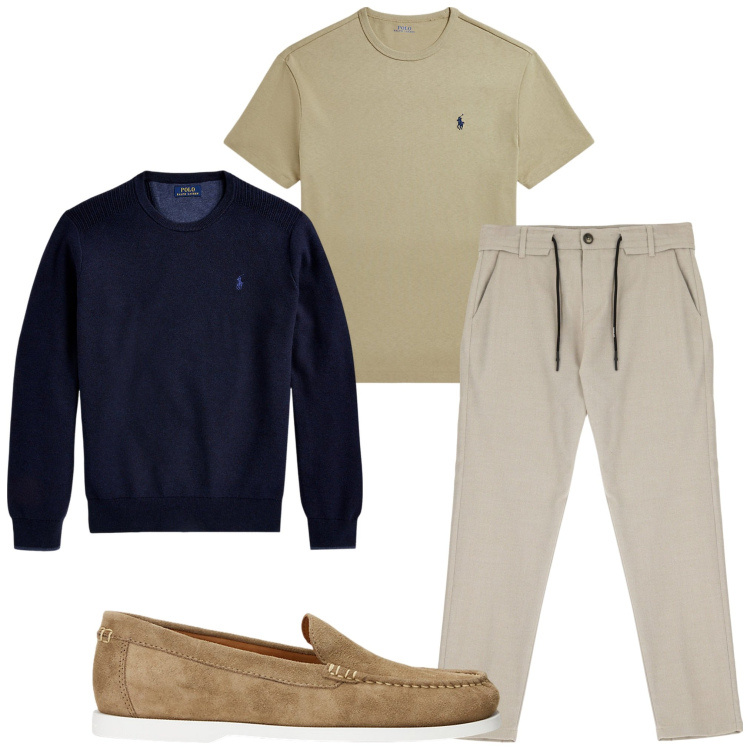 Outfit uomo - In città. Stile Urban per Tutti i giorni. Abbinamento con pantaloni, scarpe stringate, t-shirt, maglieria.