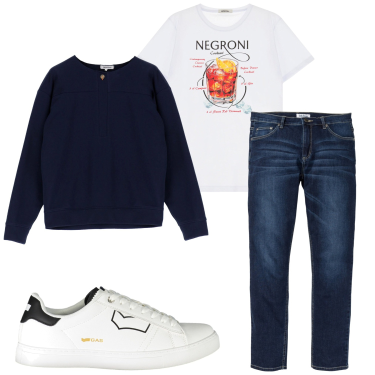 Outfit uomo - Aperitivo in centro. Stile Casual per Serata speciale. Abbinamento con jeans, felpe, t-shirt, sneakers.