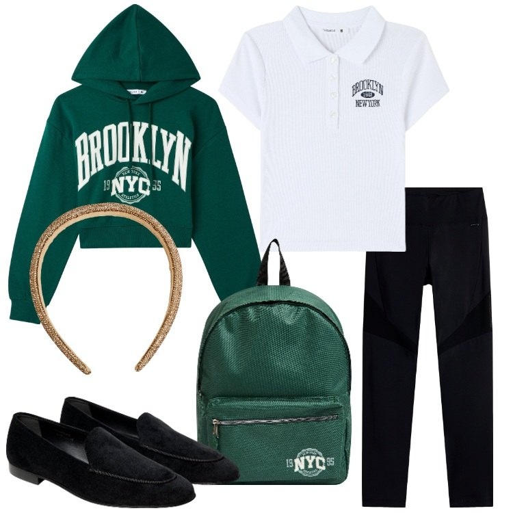Outfit donna - Ritorno a scuola - @pamela. Stile Preppy per Scuola/Università. Abbinamento con zaini, cerchietti, felpe con cappuccio, polo, pantaloni, mocassini.