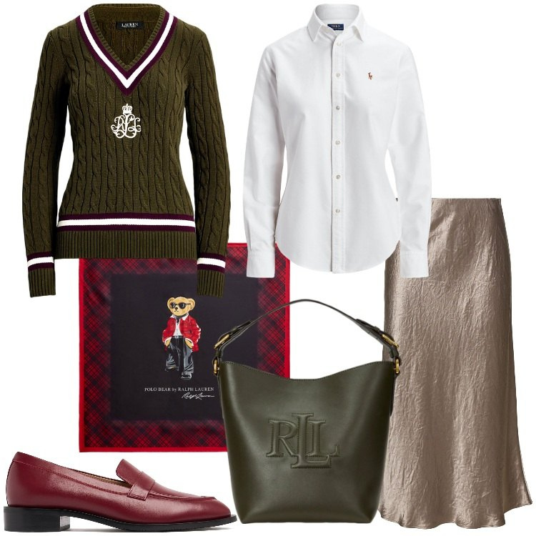 Outfit donna - Preppy in ufficio. Stile Preppy per Ufficio. Abbinamento con camicie, maglieria, foulard, borse a secchiello, gonne longuette, mocassini.