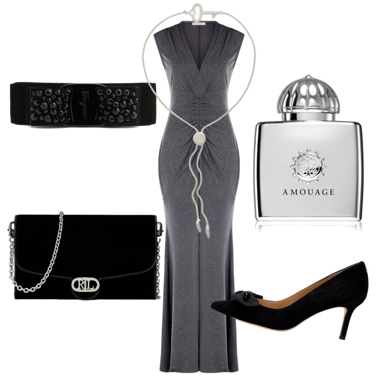 Outfit donna - Da Red Carpet. Stile Glamour per Cerimonia. Abbinamento con profumi, vestiti lunghi, braccialetti, décolleté, borse a tracolla, accessori per capelli.