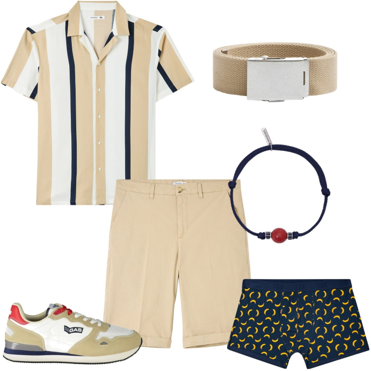 Outfit uomo - Le righe in verticale. Stile Casual per Tutti i giorni. Abbinamento con camicie a manica corta, bermuda, cinture, boxer, braccialetti, sneakers.