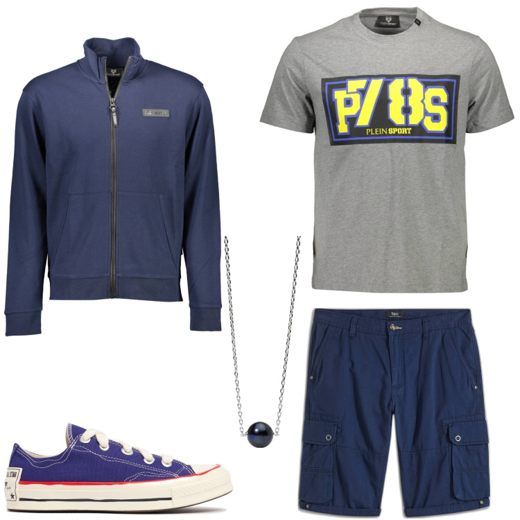 Outfit uomo - Sportivo. Stile Casual per Tutti i giorni. Abbinamento con bermuda, collane, t-shirt, sneakers, felpe.
