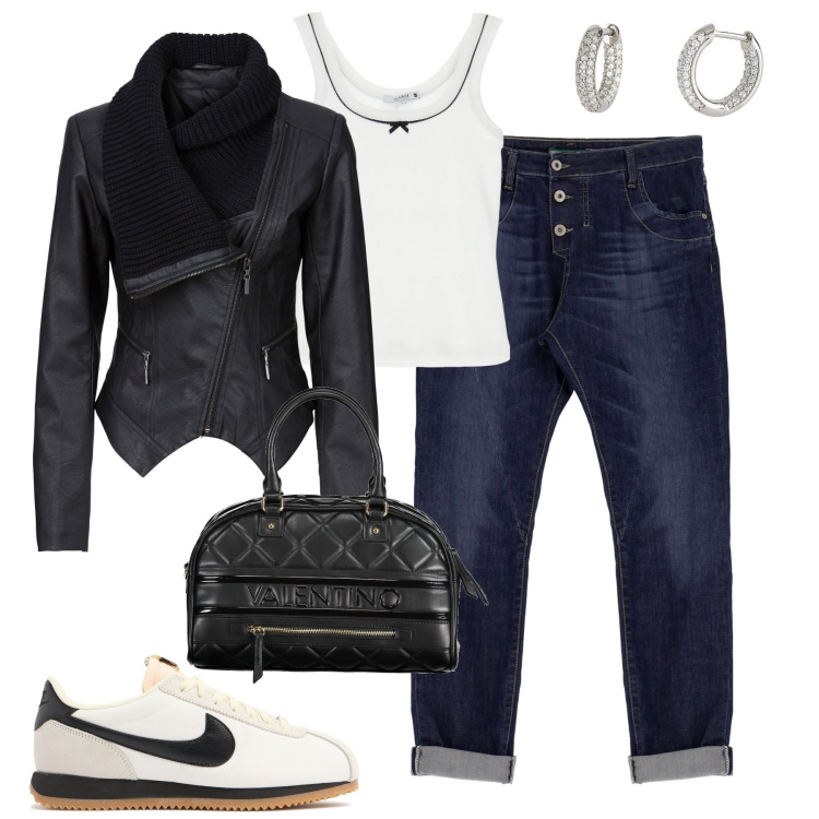 Outfit donna - I baggy col risvolto di tendenza. Stile Urban per Tutti i giorni. Abbinamento con blazer, orecchini, jeans, top, sneakers, borse a spalla.