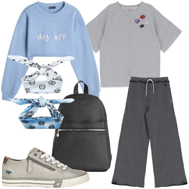 Outfit donna - Back to school. Stile Casual per Scuola/Università. Abbinamento con sneakers, fasce per capelli, pantaloni a palazzo, zaini, felpe, t-shirt.