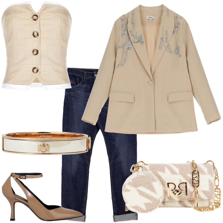 Outfit donna - Lo stile casual glamour. Stile Glamour per Tutti i giorni. Abbinamento con jeans, top, borse a tracolla, blazer, décolleté, braccialetti.