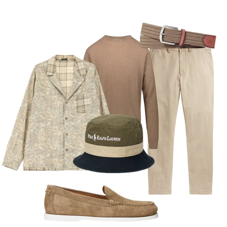 Outfit uomo - Inizio settimana in smart casual. Stile Casual per Tutti i giorni. Abbinamento con camicie, scarpe stringate, cappelli, cinture, pantaloni chino, maglieria.