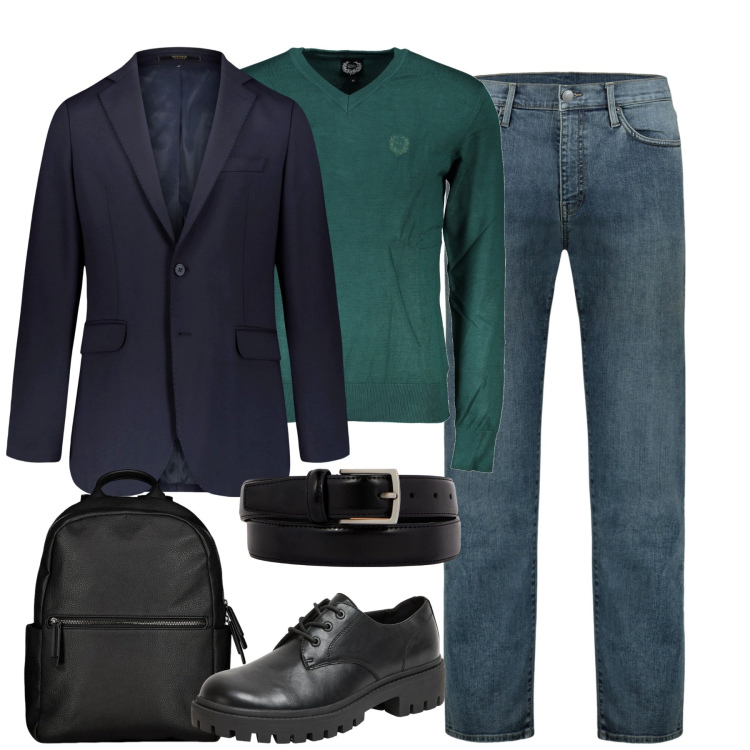 Outfit uomo - Al lavoro. Stile Urban per Tutti i giorni. Abbinamento con scarpe stringate, borse sportive, giacche, maglieria, jeans, cinture.