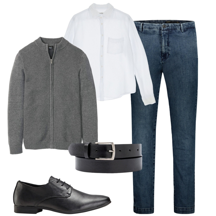 Outfit uomo - Al lavoro. Stile Urban per Tutti i giorni. Abbinamento con cardigans, scarpe stringate, camicie, jeans, cinture.