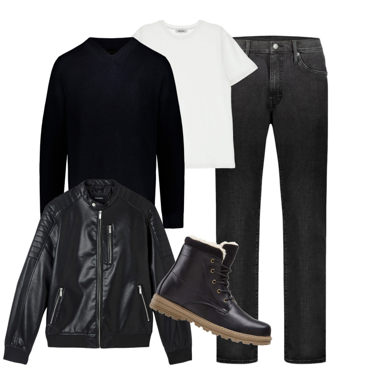 Outfit uomo - City. Stile Biker Rock per Tutti i giorni. Abbinamento con stivali e stivaletti, giacche, t-shirt, maglieria, jeans.