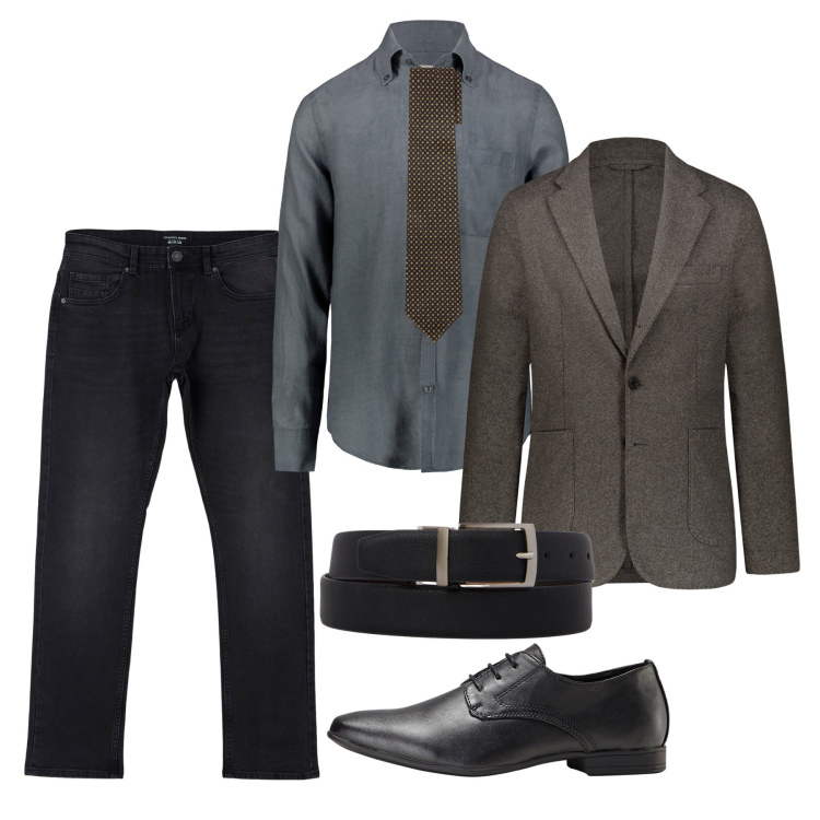 Outfit uomo - Attraente in grigio e moka. Stile Business/Elegante per Serata speciale. Abbinamento con scarpe stringate, jeans dritti, cinture, giacche, camicie, cravatte.